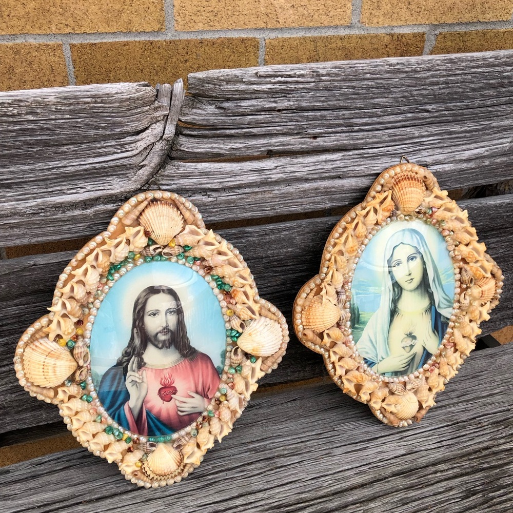Vintage Religious wall hanging Sacred Heart Coastal decor Beachy seashells Jesus